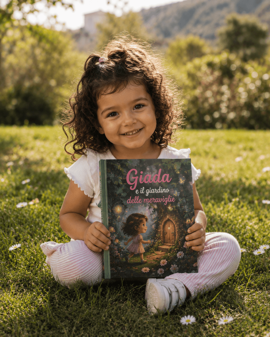 Giada con il suo libro «Giada e il giardino delle meraviglie», seduta su un prato