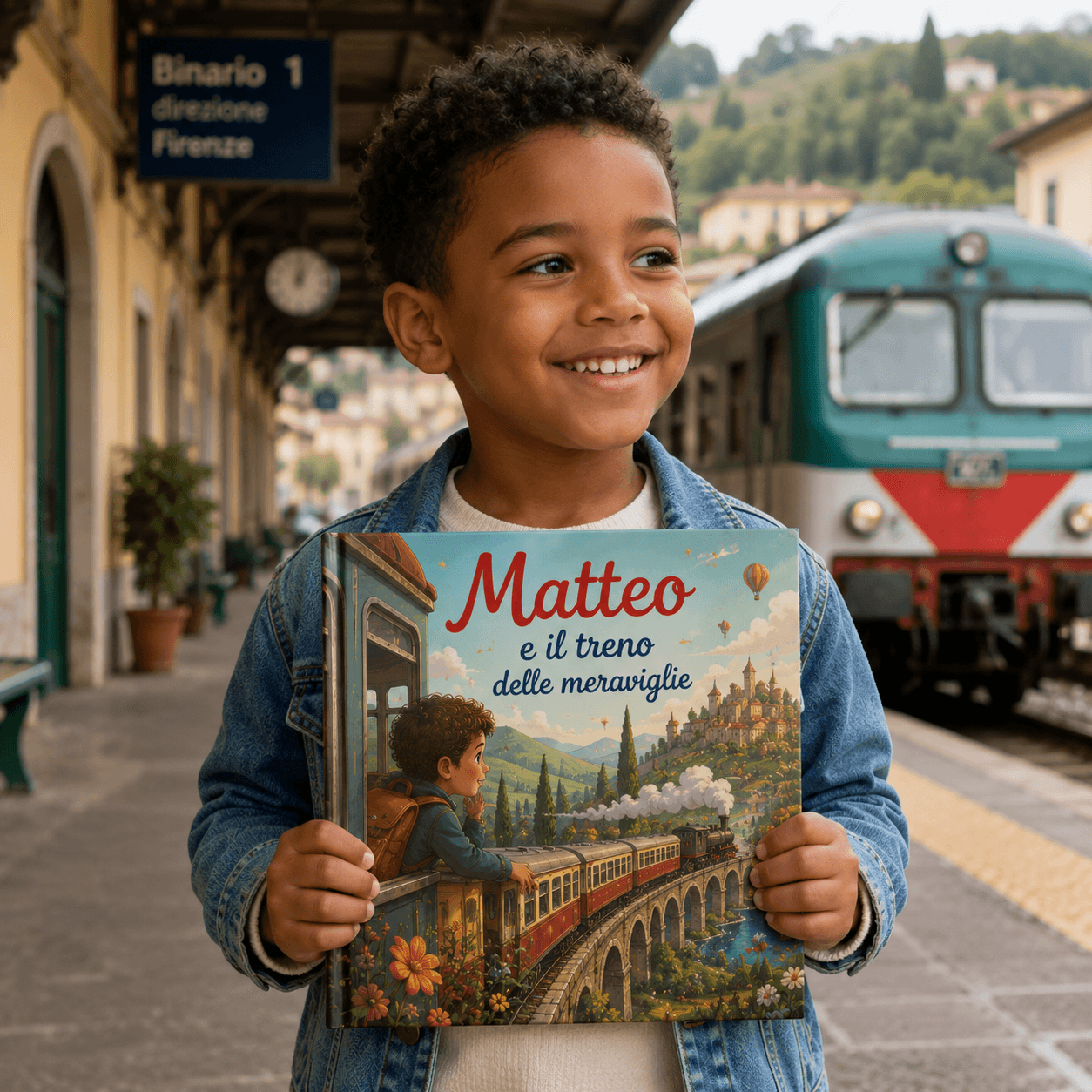 Matteo con il suo libro «Matteo e il treno delle meraviglie», sul binario di una stazione
